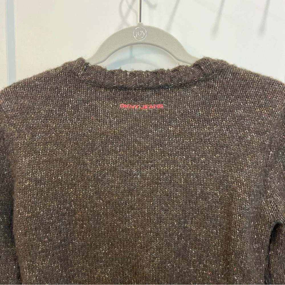DKNY Floral‎ Embellishment Cardigan Sweater Brown Size Small 3/4 Length Sleeve